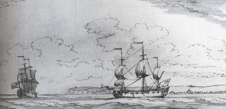 A small English man-o-war proceeding down channel off Deal,the white cliffs in the distance